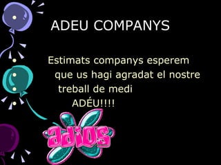 ADEU COMPANYS Estimats companys esperem  que us hagi agradat el nostre treball de medi  ADÉU!!!! 