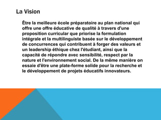La Vision
  Être la meilleure école préparatoire au plan national qui
  offre une offre éducative de qualité à travers d'une
  proposition curricular que priorise la formulation
  intégrale et la multilinguiste basée sur le développement
  de concurrences qui contribuent à forger des valeurs et
  un leadership éthique chez l'étudiant, ainsi que la
  capacité de répondre avec sensibilité, respect par la
  nature et l'environnement social. De la même manière on
  essaie d'être une plate-forme solide pour la recherche et
  le développement de projets éducatifs innovateurs.
 