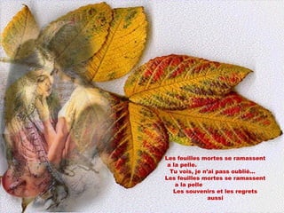 Les feuilles mortes se ramassent a la pelle.  Tu vois, je n’ai pass oublié…  Les feuilles mortes se ramassent  a la pelle    Les souvenirs et les regrets aussi 
