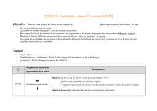 19/03/2013 – Les déchets – séance 3/5– niveau CE2/CM2 
Objectifs : à l’issue de cette séance, les élèves seront capable de : Durée approximative de la séance : 50 min 
 Donner une définition du recyclage 
 Savoir lire un schéma retraçant le cycle des déchets recyclables. 
 D’expliquer le circuit des déchets de sa commune, son importance et les acteurs impliqués dans cette collecte (éboueur, collecte) 
 Identifier et décrire différents circuits possibles pour les déchets : recycler, incinérer, composter 
 Savoir que les possibilités de recyclage et de réutilisation dépendent notamment du circuit et du processus de tri et d’autre part des capacités industrielles de traitement. 
Matériel : 
 feuilles élèves 
 Vidéo projecteur + ordinateur : film de 5 min, image de l’incinérateur et de la décharge) 
 prospectus « déchet ménagers comment les réduire »  Organisation matérielle Organisation de la classe Déroulement 10 min  Distribution des feuilles  Rappel : Qu’est-ce qu’un déchet ? pourquoi les récupère-t-on ? Quelles sont les familles des déchets, sigles ? -> rappeler que les pots de yaourt sont des déchets ménager comme les papiers souillés Exercice de rappel : chacun le fait seul puis correction et explication  