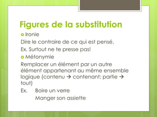 Figures de la substitution
 Ironie
Dire le contraire de ce qui est pensé.
Ex. Surtout ne te presse pas!
 Métonymie
Remplacer un élément par un autre
élément appartenant au même ensemble
logique (contenu  contenant; partie 
tout)
Ex. Boire un verre
Manger son assiette
 