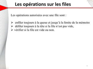 Les opérations sur les files
Les opérations autorisées avec une file sont :
 enfiler toujours à la queue et jusqu’à la limite de la mémoire
 défiler toujours à la tête si la file n’est pas vide,
 vérifier si la file est vide ou non.
4
 