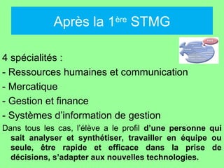 Après la 1      ère
                                   STMG

4 spécialités :
- Ressources humaines et communication
- Mercatique
- Gestion et finance
- Systèmes d’information de gestion
Dans tous les cas, l’élève a le profil d’une personne qui
  sait analyser et synthétiser, travailler en équipe ou
  seule, être rapide et efficace dans la prise de
  décisions, s’adapter aux nouvelles technologies.
 