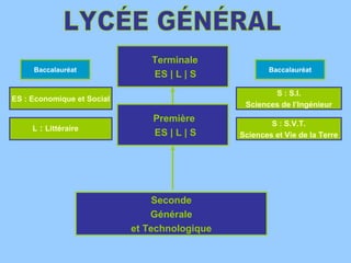 Terminale
     Baccalauréat                                      Baccalauréat
                                ES | L | S
                                                       S : S.I.
ES : Economique et Social
                                                Sciences de l’Ingénieur
                                Première               S : S.V.T.
     L : Littéraire
                                ES | L | S     Sciences et Vie de la Terre




                                 Seconde
                                Générale
                            et Technologique
 