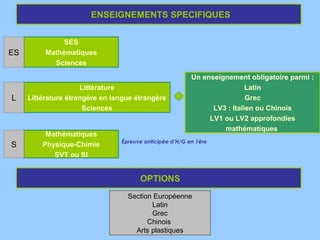 ENSEIGNEMENTS SPECIFIQUES


               SES
ES        Mathématiques
            Sciences

                                                         Un enseignement obligatoire parmi :
                     Littérature                                          Latin
L    Littérature étrangère en langue étrangère                            Grec
                      Sciences                                 LV3 : Italien ou Chinois
                                                              LV1 ou LV2 approfondies
                                                                  mathématiques
          Mathématiques
                                Épreuve anticipée d’H/G en 1ère
S        Physique-Chimie
            SVT ou SI


                                      OPTIONS
                                  Section Européenne
                                         Latin
                                         Grec
                                        Chinois
                                    Arts plastiques
 