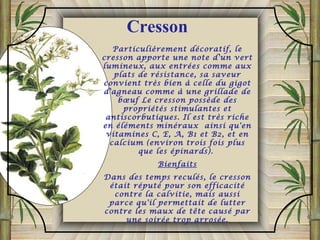Particulièrement décoratif, le
cresson apporte une note d'un vert
lumineux, aux entrées comme aux
plats de résistance, sa saveur
convient très bien à celle du gigot
d'agneau comme à une grillade de
bœuf Le cresson possède des
propriétés stimulantes et
antiscorbutiques. Il est très riche
en éléments minéraux ainsi qu'en
vitamines C, E, A, B1 et B2, et en
calcium (environ trois fois plus
que les épinards).
Bienfaits
Dans des temps reculés, le cresson
était réputé pour son efficacité
contre la calvitie, mais aussi
parce qu'il permettait de lutter
contre les maux de tête causé par
une soirée trop arrosée.
Cresson
 