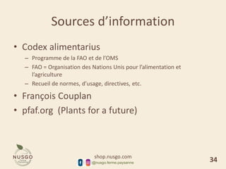 shop.nusgo.com
@nusgo.ferme.paysanne
Sources d’information
• Codex alimentarius
– Programme de la FAO et de l’OMS
– FAO = Organisation des Nations Unis pour l’alimentation et
l’agriculture
– Recueil de normes, d’usage, directives, etc.
• François Couplan
• pfaf.org (Plants for a future)
34
 