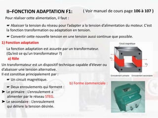 II–FONCTION ADAPTATION F1: ( Voir manuel de cours page 106 à 107 )
Pour réaliser cette alimentation, il faut :
☛ Abaisser la tension du réseau pour l’adapter a la tension d’alimentation du moteur. C’est
la fonction transformation ou adaptation en tension.
☛ Convertir cette nouvelle tension en une tension aussi continue que possible.
1) Fonction adaptation
La fonction adaptation est assurée par un transformateur.
(Qu’est ce qu’un transformateur ?)
a) Rôle
Un transformateur est un dispositif technique capable d’élever ou
d’abaisser une tension alternative.
Il est constitue principalement par :
☛ Un circuit magnétique.
☛ Deux enroulements qui forment :
➤ Le primaire : L’enroulement a
alimenter par le réseau STEG.
➤ Le secondaire : L’enroulement
qui délivre la tension désirée.
b) Forme commerciale :
 