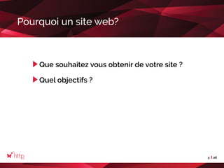 3 26
Pourquoi un site web?
Que souhaitez vous obtenir de votre site ?
Quel objectifs ?
 