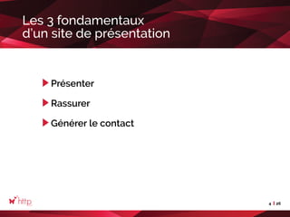 4 26
Les 3 fondamentaux
d’un site de présentation
Présenter
Rassurer
Générer le contact
 