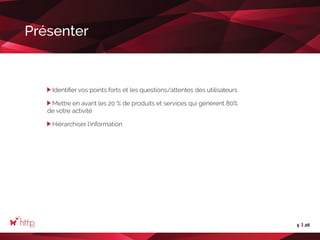 5 26
Présenter
Identifier vos points forts et les questions/attentes des utilisateurs
Mettre en avant les 20 % de produits et services qui génèrent 80%
de votre activité
Hiérarchiser l’information
 