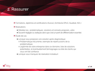 9 26
2. Rassurer
Formations, diplômes et certifications (Avocat, Architecte DPLG, Qualibat, ISO…)
Réalisations
	 Détaillez les : problématiques, solutions et conseils proposés, votre
	 Souvent négligés ou statiques alors que c’est un point de différenciation essentiel
Etude de cas
	 Lorsque vous proposez une solution après diagnostique
Problématique récurrente, exemple de répercussions de la
problématique, 	 	
Légitimité de votre entreprise dans ce domaine, liste de solutions
potentielles, et éventuellement témoignages ou liste de clients qui
vous ont fait confiance
	 Lorsque vous manquez de réalisation (créateur)
 