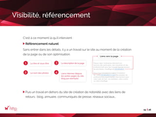 19 26
Visibilité, référencement
C’est à ce moment là qu’il intervient :
Référencement naturel
Sans entrer dans les détails, il y a un travail sur le site au moment de la création
de la page ou de son optimisation.
Puis un travail en dehors du site de création de notoriété avec des liens de
retours : blog, annuaire, communiqués de presse, réseaux sociaux...
Le titre et sous-titre
Liens vers la page
La description de la page
Le nom des photos Liens internes (depuis
les autres pages du site,
blog par exemple)
Depuis 1950, l’entreprise intervient aux
services des particuliers, des industriels et des
professionnels pour leur assurer tous les travaux
de plomberie, chauffage et climatisation.
Nous nous engageons à gérer l’installation
de votre climatisation à Lyon. Des équipes de
professionnels expérimentés interviennent pour
votre salle de bain, vos sanitaires, votre cuisine
ou votre chauffage.
climatisation
climatisation à Lyon
1
2
3
4
 