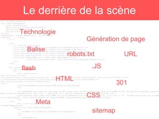 Technologie
Le derrière de la scène
Génération de page
Meta
Balise
URL
HTML
.JS
CSS
flash
301
sitemap
robots.txt
 