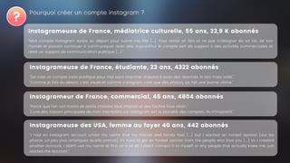 Pourquoi créer un compte instagram ?
Instagrameuse de France, médiatrice culturelle, 55 ans, 23,9 K abonnés
"Mon compte Instagram existe au départ pour suivre ma fille […]. Pour rester en lien et ne pas m’éloigner de sa vie, de son
monde et pouvoir continuer à communiquer avec elle. Aujourd’hui le compte sert de support à des activités commerciales et
reste un support de communication publique […]."
Instagrameuse de France, étudiante, 23 ans, 4322 abonnés
"j’ai créé un compte insta publique pour moi sans chercher d’abord à avoir des abonnés ni rien mais voilà."
"Comme je fais du dessin, c’est visuel et comme instagram c’est que des photos, ça fait une bonne vitrine."
Instagrameur de France, commercial, 45 ans, 4804 abonnés
"Parce que l’on voit moins de petits chatons tous mignon et des fachos tous vilain."
"L’une des raisons principales de mon inscription sur Instagram est la pluralité des comptes, ils m'inspirent."
Instagrameuse des USA, femme au foyer 40 ans, 442 abonnés
"I had an Instagram account under my name that my friends and family had [...] but I wanted an honest opinion [sur les
photos, un peu plus artistiques qu'elle prenait] it's hard to get an honest opinion from the people who love you [...] so I created
another account, I didn't use my name at first on it at all, I didn't connect it to myself or any people that actually knew me, just
started the account."
 