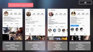 Compte personne célèbre
France
médiatrice culturelle
55 ans
23,9 K abonnés
Compte Nutrition/sport
France
étudiante
20 ans
1224 abonnés
Compte Dessin
France
étudiante
23 ans
4322 abonnés
Compte photographe portraitiste
France
Commercial
  45 ans
4804 abonnés
Les personnes interviewées
 