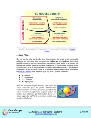 Les fondements de L’agilité – août 2015
claude.emond@qualiscope.ca
p. 11 de 19
Processus haut-niveau à privilégier en fonction de chacun des domaines du modèle Cynefin
(d’après David Snowden et d’autres sources- Traduit, adapté et complété par Claude
Emond)
Le Cycle PDCA
On voit tout de suite que le côté droit (les domaines du simple et du compliqué)
présente des façons de faire permettant de catégoriser et d’analyser. Ceci n’est
possible que parce qu’on comprend bien les relations cause à effet et qu’on peut en
déduire une logique d’intervention très cartésienne. C’est le monde de la certitude
(connu-connu) et de la quasi-certitude (inconnu-connu/connaissable). Le processus
haut-niveau le plus publicisé, sinon le plus utilisé, pour évoluer dans ce monde est
la Roue de Deming, aussi appelée Cycle PDCA ou Cycle de Shewhart :
 P - Planifier
 D - Développer
 C – Contrôler
 A – Agir/Ajuster
Dans les situations les plus simples, il est utilisé en
«toute certitude» pour les projets d’amélioration
continue dans les opérations courantes, où le but visé
est de maintenir les opérations en place tout en les
rendant plus efficientes par l’élimination de la non-
valeur (approche LEAN) et un meilleur contrôle des
variations (SixSigma).
 