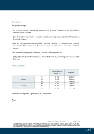 17
«Toute représentation ou reproduction, intégrale ou partielle, faite sans le consentement de l’auteur, ou des ayants-droit, ou ayants-cause, est illicite (loi du 11 mars 1957, alinéa 1er
de l’article 40). Cette représentation ou reproduction, par quelque procédé que ce soit, constituerait une contrefaçon sanctionnée par les articles 425 et suivants du Code pénal. La loi du 11
mars 1957 aux termes des alinéas 2 et 3 de l’article 41, n’autorise que les copies ou reproductions strictement réservées à l’usage privé ou copiste et non destinées à une utilisation collective
d’une part et d’autre part, les analyses et les courtes citations dans un but d’exemple et d’illustration».
ÉTUDE DE RÉMUNÉRATIONS - Banque 2008 - 2009
«Toute représentation ou reproduction, intégrale ou partielle, faite sans le consentement de l’auteur, ou des ayants-droit, ou ayants-cause, est illicite (loi du 11 mars 1957, alinéa 1er
de l’article 40). Cette représentation ou reproduction, par quelque procédé que ce soit, constituerait une contrefaçon sanctionnée par les articles 425 et suivants du Code pénal. La loi du 11
mars 1957 aux termes des alinéas 2 et 3 de l’article 41, n’autorise que les copies ou reproductions strictement réservées à l’usage privé ou copiste et non destinées à une utilisation collective
d’une part et d’autre part, les analyses et les courtes citations dans un but d’exemple et d’illustration».
Evolution
Elle peut être multiple :
- Sur un marché connexe : prise en charge d’un portefeuille de grandes entreprises (au-delà de 200 millions
d’euros de chiffre d’affaires).
- Dans des fonctions transversales : inspection générale, marketing spécifique à la clientèle entreprises,
direction des risques...
- Dans des fonctions managériales de gestion d’un centre d’affaires. Ces évolutions restent cependant
rares étant donné le nombre restreint de postes et sont très souvent proposées dans le cadre de mobilités
internes.
- Sur une spécialisation produit : affacturage, crédit-bail, cash management, etc.
- De façon plus rare pour certains métiers de la banque d’affaires (LBO, Fusion/acquisition middle market,
ECM etc.).
Rémunération	
Le variable ne comprend ni la participation, ni l’intéressement.
Notes :
Salaire fixe annuel
brut en e
Variable en €
Débutant
Min. 28 000 0 à 2 000
Moy. 36 000 0 à 4 000
Max. 38 000 0 à 6 000
Confirmé
Min. 36 000 0 à 4 000
Moy. 45 000 0 à 8 000
Max. 60 000 0 à 15 000
©MichaelPage
 