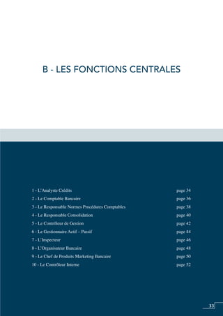 33
B - Les Fonctions Centrales
1 - L’Analyste Crédits page 34
2 - Le Comptable Bancaire page 36
3 - Le Responsable Normes Procédures Comptables page 38
4 - Le Responsable Consolidation page 40
5 - Le Contrôleur de Gestion page 42
6 - Le Gestionnaire Actif – Passif page 44
7 - L’Inspecteur page 46
8 - L’Organisateur Bancaire page 48
9 - Le Chef de Produits Marketing Bancaire page 50
10 - Le Contrôleur Interne page 52
 