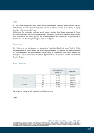 35
«Toute représentation ou reproduction, intégrale ou partielle, faite sans le consentement de l’auteur, ou des ayants-droit, ou ayants-cause, est illicite (loi du 11 mars 1957, alinéa 1er
de l’article 40). Cette représentation ou reproduction, par quelque procédé que ce soit, constituerait une contrefaçon sanctionnée par les articles 425 et suivants du Code pénal. La loi du 11
mars 1957 aux termes des alinéas 2 et 3 de l’article 41, n’autorise que les copies ou reproductions strictement réservées à l’usage privé ou copiste et non destinées à une utilisation collective
d’une part et d’autre part, les analyses et les courtes citations dans un but d’exemple et d’illustration».
ÉTUDE DE RÉMUNÉRATIONS - Banque 2008 - 2009
«Toute représentation ou reproduction, intégrale ou partielle, faite sans le consentement de l’auteur, ou des ayants-droit, ou ayants-cause, est illicite (loi du 11 mars 1957, alinéa 1er
de l’article 40). Cette représentation ou reproduction, par quelque procédé que ce soit, constituerait une contrefaçon sanctionnée par les articles 425 et suivants du Code pénal. La loi du 11
mars 1957 aux termes des alinéas 2 et 3 de l’article 41, n’autorise que les copies ou reproductions strictement réservées à l’usage privé ou copiste et non destinées à une utilisation collective
d’une part et d’autre part, les analyses et les courtes citations dans un but d’exemple et d’illustration».
Profil
Il s’agit souvent d’un poste d’entrée dans la banque. Généralement confié aux jeunes diplômés d’Ecoles
de Commerce désireux d’épouser une carrière bancaire, le métier a pour but de leur donner un bagage
technique fort et la culture du risque.
Malgré tout, des profils plus confirmés dans la banque, justifiant d’une longue expérience de Chargé
d’Affaires Entreprises, intègrent de plus en plus la Direction des Engagements à un poste d’encadrement
ou d’Analystes sur des risques spéciaux. En effet leur expertise et la connaissance de plusieurs cycles
économiques sont des atouts précieux pour la mixité des équipes.
Evolution
Les évolutions se font généralement vers des métiers d’exploitation. En effet, le poste d’Analyste Crédits
est très formateur et permet, autant aux profils Siège que Réseau, d’évoluer sur des postes de Chargés
d’Affaires Entreprises, soit dans le Réseau, soit en banque de Financement, voire sur des activités plus
techniques. Les évolutions récentes liées à Bâle II permettent aussi de mener une véritable carrière dans la
fonction Risques.
Rémunération	
Le variable ne comprend ni la participation, ni l’intéressement.
Notes :
Salaire fixe annuel
brut en e
Variable en €
Débutant
Min. 28 000 0 à 2 000
Moy. 35 000 0 à 3 000
Max. 42 000 0 à 3 000
Confirmé
Min. 40 000 0 à 5 000
Moy. 50 000 0 à 5 000
Max. 65 000 0 à 8 000
©MichaelPage
 