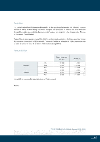 37
«Toute représentation ou reproduction, intégrale ou partielle, faite sans le consentement de l’auteur, ou des ayants-droit, ou ayants-cause, est illicite (loi du 11 mars 1957, alinéa 1er
de l’article 40). Cette représentation ou reproduction, par quelque procédé que ce soit, constituerait une contrefaçon sanctionnée par les articles 425 et suivants du Code pénal. La loi du 11
mars 1957 aux termes des alinéas 2 et 3 de l’article 41, n’autorise que les copies ou reproductions strictement réservées à l’usage privé ou copiste et non destinées à une utilisation collective
d’une part et d’autre part, les analyses et les courtes citations dans un but d’exemple et d’illustration».
ÉTUDE DE RÉMUNÉRATIONS - Banque 2008 - 2009
«Toute représentation ou reproduction, intégrale ou partielle, faite sans le consentement de l’auteur, ou des ayants-droit, ou ayants-cause, est illicite (loi du 11 mars 1957, alinéa 1er
de l’article 40). Cette représentation ou reproduction, par quelque procédé que ce soit, constituerait une contrefaçon sanctionnée par les articles 425 et suivants du Code pénal. La loi du 11
mars 1957 aux termes des alinéas 2 et 3 de l’article 41, n’autorise que les copies ou reproductions strictement réservées à l’usage privé ou copiste et non destinées à une utilisation collective
d’une part et d’autre part, les analyses et les courtes citations dans un but d’exemple et d’illustration».
Evolution
Les compétences très spécifiques des Comptables ne les appellent généralement pas à évoluer vers des
métiers en dehors de leur champ d’expertise d’origine. Les évolutions se font au sein de la Direction
Comptable, vers des responsabilités d’encadrement d’équipes, vers des postes à plus forte expertise (Normes
et Procédures, Consolidation).
Aujourd’hui, la donne a un peu changé. En effet, les profils recrutés sont mieux diplômés, ce qui leur permet
des évolutions vers d’autres métiers comme le Contrôle de Gestion ou la gestion de projet (notamment dans
le cadre de la mise en place de Systèmes d’Informations Comptables).
Rémunération	
Le variable ne comprend ni la participation, ni l’intéressement.
Notes :
Salaire fixe annuel
brut en e
Variable en €
Débutant
Min. 25 000 0 à 2 000
Moy. 32 000 0 à 2 000
Max. 35 000 0 à 2 000
Confirmé
Min. 30 000 0 à 3 000
Moy. 38 000 0 à 3 000
Max. 45 000 0 à 3 000
©MichaelPage
 