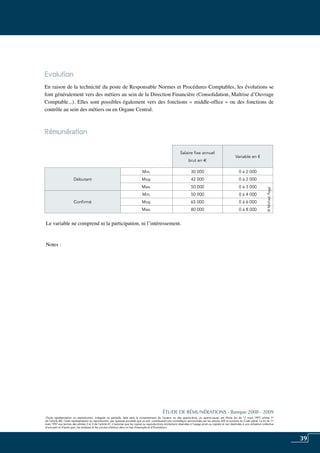 39
«Toute représentation ou reproduction, intégrale ou partielle, faite sans le consentement de l’auteur, ou des ayants-droit, ou ayants-cause, est illicite (loi du 11 mars 1957, alinéa 1er
de l’article 40). Cette représentation ou reproduction, par quelque procédé que ce soit, constituerait une contrefaçon sanctionnée par les articles 425 et suivants du Code pénal. La loi du 11
mars 1957 aux termes des alinéas 2 et 3 de l’article 41, n’autorise que les copies ou reproductions strictement réservées à l’usage privé ou copiste et non destinées à une utilisation collective
d’une part et d’autre part, les analyses et les courtes citations dans un but d’exemple et d’illustration».
ÉTUDE DE RÉMUNÉRATIONS - Banque 2008 - 2009
«Toute représentation ou reproduction, intégrale ou partielle, faite sans le consentement de l’auteur, ou des ayants-droit, ou ayants-cause, est illicite (loi du 11 mars 1957, alinéa 1er
de l’article 40). Cette représentation ou reproduction, par quelque procédé que ce soit, constituerait une contrefaçon sanctionnée par les articles 425 et suivants du Code pénal. La loi du 11
mars 1957 aux termes des alinéas 2 et 3 de l’article 41, n’autorise que les copies ou reproductions strictement réservées à l’usage privé ou copiste et non destinées à une utilisation collective
d’une part et d’autre part, les analyses et les courtes citations dans un but d’exemple et d’illustration».
Evolution
En raison de la technicité du poste de Responsable Normes et Procédures Comptables, les évolutions se
font généralement vers des métiers au sein de la direction financière (consolidation, Maîtrise d’Ouvrage
Comptable...). Elles sont possibles également vers des fonctions « middle-office » ou des fonctions de
contrôle au sein des métiers ou en organe Central.
Rémunération	
Le variable ne comprend ni la participation, ni l’intéressement.
Notes :
Salaire fixe annuel
brut en e
Variable en €
Débutant
Min. 30 000 0 à 2 000
Moy. 42 000 0 à 2 000
Max. 50 000 0 à 3 000
Confirmé
Min. 50 000 0 à 4 000
Moy. 65 000 0 à 6 000
Max. 80 000 0 à 8 000
©MichaelPage
 