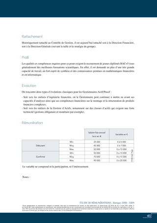 45
«Toute représentation ou reproduction, intégrale ou partielle, faite sans le consentement de l’auteur, ou des ayants-droit, ou ayants-cause, est illicite (loi du 11 mars 1957, alinéa 1er
de l’article 40). Cette représentation ou reproduction, par quelque procédé que ce soit, constituerait une contrefaçon sanctionnée par les articles 425 et suivants du Code pénal. La loi du 11
mars 1957 aux termes des alinéas 2 et 3 de l’article 41, n’autorise que les copies ou reproductions strictement réservées à l’usage privé ou copiste et non destinées à une utilisation collective
d’une part et d’autre part, les analyses et les courtes citations dans un but d’exemple et d’illustration».
ÉTUDE DE RÉMUNÉRATIONS - Banque 2008 - 2009
«Toute représentation ou reproduction, intégrale ou partielle, faite sans le consentement de l’auteur, ou des ayants-droit, ou ayants-cause, est illicite (loi du 11 mars 1957, alinéa 1er
de l’article 40). Cette représentation ou reproduction, par quelque procédé que ce soit, constituerait une contrefaçon sanctionnée par les articles 425 et suivants du Code pénal. La loi du 11
mars 1957 aux termes des alinéas 2 et 3 de l’article 41, n’autorise que les copies ou reproductions strictement réservées à l’usage privé ou copiste et non destinées à une utilisation collective
d’une part et d’autre part, les analyses et les courtes citations dans un but d’exemple et d’illustration».
Rattachement
Historiquement rattaché au contrôle de gestion, il est aujourd’hui rattaché soit à la direction financière,
soit à la direction générale (suivant la taille et la stratégie du groupe).
Profil
Les qualités et compétences requises pour ce poste exigent le recrutement de jeunes diplômés BAC+5 issus
généralement des meilleures formations scientifiques. En effet, il est demandé en plus d’une très grande
capacité de travail, un fort esprit de synthèse et des connaissances pointues en mathématiques financières
et en informatique.
Evolution
On rencontre deux types d’évolutions classiques pour les gestionnaires actif/passif :
- Soit vers les métiers d’ingénierie financière, où le gestionnaire peut continuer à mettre en avant ses
capacités d’analyses ainsi que ses compétences financières sur le montage et la structuration de produits
financiers complexes.
- Soit vers les métiers de la gestion d’actifs, notamment sur des classes d’actifs qui exigent une forte
technicité (gestions obligataire et monétaire par exemple).
Rémunération	
Le variable ne comprend ni la participation, ni l’intéressement.
Notes :
Salaire fixe annuel
brut en e
Variable en €
Débutant
Min. 35 000 0 à 5 000
Moy. 45 000 0 à 7 000
Max. 50 000 0 à 10 000
Confirmé
Min. 50 000 0 à 10 000
Moy. 70 000 0 à 15 000
Max. 90 000 0 à 20 000
©MichaelPage
 