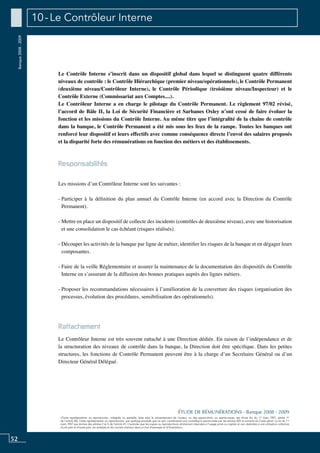 52
«Toute représentation ou reproduction, intégrale ou partielle, faite sans le consentement de l’auteur, ou des ayants-droit, ou ayants-cause, est illicite (loi du 11 mars 1957, alinéa 1er
de l’article 40). Cette représentation ou reproduction, par quelque procédé que ce soit, constituerait une contrefaçon sanctionnée par les articles 425 et suivants du Code pénal. La loi du 11
mars 1957 aux termes des alinéas 2 et 3 de l’article 41, n’autorise que les copies ou reproductions strictement réservées à l’usage privé ou copiste et non destinées à une utilisation collective
d’une part et d’autre part, les analyses et les courtes citations dans un but d’exemple et d’illustration».
ÉTUDE DE RÉMUNÉRATIONS - Banque 2008 - 2009
Banque2008-2009 10 - Le Contrôleur Interne
Le contrôle interne s’inscrit dans un dispositif global dans lequel se distinguent quatre différents
niveaux de contrôle : le contrôle hiérarchique (premier niveau/opérationnels), le contrôle permanent
(deuxième niveau/contrôleur interne), le contrôle périodique (troisième niveau/inspecteur) et le
contrôle externe (commissariat aux comptes....).
Le contrôleur interne a en charge le pilotage du contrôle permanent. Le règlement 97/02 révisé,
l’accord de Bâle II, la Loi de Sécurité Financière et Sarbanes Oxley n’ont cessé de faire évoluer la
fonction et les missions du contrôle interne. Au même titre que l’intégralité de la chaîne de contrôle
dans la banque, le contrôle permanent a été mis sous les feux de la rampe. Toutes les banques ont
renforcé leur dispositif et leurs effectifs avec comme conséquence directe l’envol des salaires proposés
et la disparité forte des rémunérations en fonction des métiers et des établissements.
Responsabilités
Les missions d’un contrôleur interne sont les suivantes :
- Participer à la définition du plan annuel du contrôle interne (en accord avec la Direction du Contrôle
Permanent).
- Mettre en place un dispositif de collecte des incidents (contrôles de deuxième niveau), avec une historisation
et une consolidation le cas échéant (risques réalisés).
- Découper les activités de la banque par ligne de métier, identifier les risques de la banque et en dégager leurs
composantes.
- Faire de la veille réglementaire et assurer la maintenance de la documentation des dispositifs du contrôle
interne en s’assurant de la diffusion des bonnes pratiques auprès des lignes métiers.
- Proposer les recommandations nécessaires à l’amélioration de la couverture des risques (organisation des
processus, évolution des procédures, sensibilisation des opérationnels).
Rattachement
Le contrôleur interne est très souvent rattaché à une direction dédiée. En raison de l’indépendance et de
la structuration des niveaux de contrôle dans la banque, la direction doit être spécifique. Dans les petites
structures, les fonctions de contrôle permanent peuvent être à la charge d’un Secrétaire Général ou d’un
Directeur Général Délégué.
 