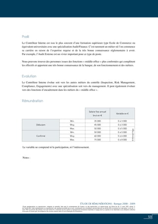 53
«Toute représentation ou reproduction, intégrale ou partielle, faite sans le consentement de l’auteur, ou des ayants-droit, ou ayants-cause, est illicite (loi du 11 mars 1957, alinéa 1er
de l’article 40). Cette représentation ou reproduction, par quelque procédé que ce soit, constituerait une contrefaçon sanctionnée par les articles 425 et suivants du Code pénal. La loi du 11
mars 1957 aux termes des alinéas 2 et 3 de l’article 41, n’autorise que les copies ou reproductions strictement réservées à l’usage privé ou copiste et non destinées à une utilisation collective
d’une part et d’autre part, les analyses et les courtes citations dans un but d’exemple et d’illustration».
ÉTUDE DE RÉMUNÉRATIONS - Banque 2008 - 2009
«Toute représentation ou reproduction, intégrale ou partielle, faite sans le consentement de l’auteur, ou des ayants-droit, ou ayants-cause, est illicite (loi du 11 mars 1957, alinéa 1er
de l’article 40). Cette représentation ou reproduction, par quelque procédé que ce soit, constituerait une contrefaçon sanctionnée par les articles 425 et suivants du Code pénal. La loi du 11
mars 1957 aux termes des alinéas 2 et 3 de l’article 41, n’autorise que les copies ou reproductions strictement réservées à l’usage privé ou copiste et non destinées à une utilisation collective
d’une part et d’autre part, les analyses et les courtes citations dans un but d’exemple et d’illustration».
Profil
Le contrôleur interne est issu le plus souvent d’une formation supérieure type Ecole de Commerce ou
équivalent universitaire avec une spécialisation audit/finance. C’est rarement un métier où l’on commence
sa carrière en raison de l’expertise requise et de la très bonne connaissance réglementaire à avoir.
Par exemple, l’audit externe est un vivier important pour ce type de poste.
Nous pouvons trouver des personnes issues des fonctions « middle-office » plus confirmées qui complètent
les effectifs et apportent une très bonne connaissance de la banque, de son fonctionnement et des métiers.
Evolution
Le contrôleur interne évolue soit vers les autres métiers du contrôle (Inspection, Risk Management,
Compliance, Engagements) avec une spécialisation soit vers du management. Il peut également évoluer
vers des fonctions d’encadrement dans les métiers du « middle office ».
Rémunération	
Le variable ne comprend ni la participation, ni l’intéressement.
Notes :
Salaire fixe annuel
brut en e
Variable en €
Débutant
Min. 35 000 0 à 3 000
Moy. 45 000 0 à 3 000
Max. 50 000 0 à 5 000
Confirmé
Min. 50 000 0 à 5 000
Moy. 60 000 0 à 6 000
Max. 75 000 0 à 8 000
©MichaelPage
 
