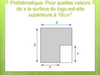 Problématique: Pour quelles valeurs
de x la surface du logo est-elle
supérieure à 18𝑐𝑚2
 
