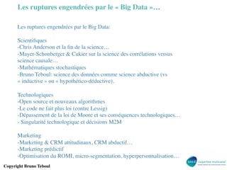 Les ruptures engendrées par le « Big Data »…	

Les ruptures engendrées par le Big Data:	

	

Scientiﬁques	

- Chris Anderson et la ﬁn de la science…	

- Mayer-Schonberger & Cukier sur la science des corrélations versus
science causale…	

- Mathématiques stochastiques	

- Bruno Teboul: science des données comme science abductive (vs
« inductive » ou « hypothético-déductive).	

	

Technologiques	

- Open source et nouveaux algorithmes	

- Le code ne fait plus loi (contre Lessig)	

- Dépassement de la loi de Moore et ses conséquences technologiques…	

-  Singularité technologique et décisions M2M	

	

Marketing	

- Marketing & CRM attitudinaux, CRM abductif…	

- Marketing prédictif	

- Optimisation du ROMI, micro-segmentation, hyperpersonnalisation…	

Copyright Bruno Teboul	


 
