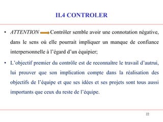 II.4 CONTROLER
• ATTENTION Contrôler semble avoir une connotation négative,
dans le sens où elle pourrait impliquer un manque de confiance
interpersonnelle à l’égard d’un équipier;
• L’objectif premier du contrôle est de reconnaître le travail d’autrui,
lui prouver que son implication compte dans la réalisation des
objectifs de l’équipe et que ses idées et ses projets sont tous aussi
importants que ceux du reste de l’équipe.
22
 
