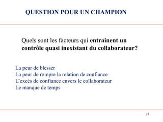 23
QUESTION POUR UN CHAMPION
Quels sont les facteurs qui entrainent un
contrôle quasi inexistant du collaborateur?
La peur de blesser
La peur de rompre la relation de confiance
L’excès de confiance envers le collaborateur
Le manque de temps
 