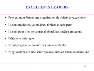 EXCELLENTS LEADERS
• Peuvent transformer une organisation de «bien» à «excellent»
• Ils sont modestes, volontaires, timides et sans peur
• Ils sont pour : les personnes d’abord, la stratégie en second
• Déteste le statut quo
• N’ont pas peur de prendre des risques calculés
• N’agissent pas en une seule poussée mais en tenant le même cap
33
 