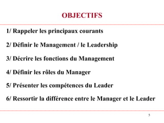 OBJECTIFS
1/ Rappeler les principaux courants
2/ Définir le Management / le Leadership
3/ Décrire les fonctions du Management
4/ Définir les rôles du Manager
5/ Présenter les compétences du Leader
6/ Ressortir la différence entre le Manager et le Leader
5
 