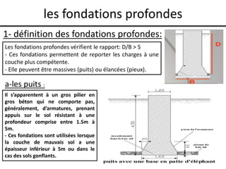 les fondations profondes
1- définition des fondations profondes:
Les fondations profondes vérifient le rapport: D/B > 5
- Ces fondations permettent de reporter les charges à une
couche plus compétente.
- Elle peuvent être massives (puits) ou élancées (pieux).
a-les puits :
Il s’apparentent à un gros pilier en
gros béton qui ne comporte pas,
généralement, d’armatures, prenant
appuis sur le sol résistant à une
profondeur comprise entre 1.5m à
5m.
- Ces fondations sont utilisées lorsque
la couche de mauvais sol a une
épaisseur inférieur à 5m ou dans le
cas des sols gonflants.
 