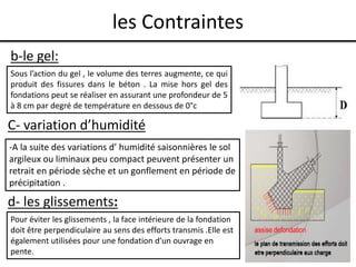 les Contraintes
b-le gel:
Sous l’action du gel , le volume des terres augmente, ce qui
produit des fissures dans le béton . La mise hors gel des
fondations peut se réaliser en assurant une profondeur de 5
à 8 cm par degré de température en dessous de 0°c
-A la suite des variations d’ humidité saisonnières le sol
argileux ou liminaux peu compact peuvent présenter un
retrait en période sèche et un gonflement en période de
précipitation .
C- variation d’humidité
d- les glissements:
Pour éviter les glissements , la face intérieure de la fondation
doit être perpendiculaire au sens des efforts transmis .Elle est
également utilisées pour une fondation d’un ouvrage en
pente.
 