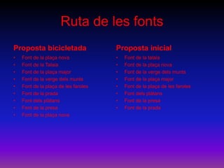 Ruta de les fonts
Proposta bicicletada
• Font de la plaça nova
• Font de la Talaia
• Font de la plaça major
• Font de la verge dels munts
• Font de la plaça de les faroles
• Font de la prada
• Font dels plàtans
• Font de la presa
• Font de la plaça nova
Proposta inicial
• Font de la talaia
• Font de la plaça nova
• Font de la verge dels munts
• Font de la plaça major
• Font de la plaça de les faroles
• Font dels plàtans
• Font de la presa
• Font de la prada
 