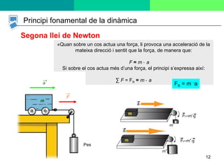 «Quan sobre un cos actua una força, li provoca una acceleració de la mateixa direcció i sentit que la força, de manera que: F  =  m  ⋅  a Si sobre el cos actua més d’una força, el principi s’expressa així: ∑  F  = F R   =  m  ⋅  a Pes m Principi fonamental de la dinàmica Segona llei de Newton F R  = m  · a a -> F -> 