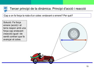 Cap a on fa força la roda d’un cotxe: endavant o enrere? Per què? Solució: Fa força enrere (acció) i el terra respon amb una força cap endavant  (reacció) igual i de sentit contrari que fa avançar el cotxe. Tercer principi de la dinàmica. Principi d’acció i reacció 