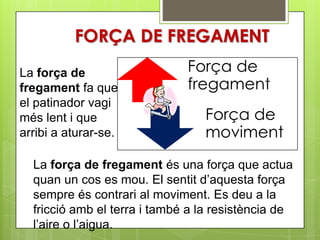 FORÇA DE FREGAMENT
La força de                   Força de
fregament fa que              fregament
el patinador vagi
més lent i que                   Força de
arribi a aturar-se.              moviment
  La força de fregament és una força que actua
  quan un cos es mou. El sentit d’aquesta força
  sempre és contrari al moviment. Es deu a la
  fricció amb el terra i també a la resistència de
  l’aire o l’aigua.
 