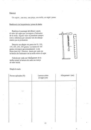 Material
Un suport , una nou, una pinga, una molla, un regie i peses.
Realització de I'experidncia i presa de dades
Realitza el muntatge dei dibuix i anota
el valor del regie que correspon a f indicador
de la molla. Aquest valor ei prendrem sempre
com a referéncia per calcular tots els allarga-
ments que es produeixin
Després vas afegint .1, p.ro, de 50, 100,
150, 200, 250, 300 grams. La massa de 100
grams correspon aproximadament a una
forga (pes) de 1 blewton. A¡ota per cada cas
la lectura de I'indicador de la moila sobre el reg1e.
Calcula per cada cas l'ailaigament de ia
moila restant la lectu¡a de cada cas menys
el valor inicial.
Omple la taula:
Forces aplicades Qtl) Lectu¡a sobre
el regle (cm)
Aiiargament (cm)
 