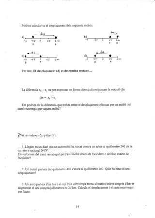 Podries calcular tu ei desplagament dels seguents mobils:
a). c
-{ ñ
¿ vJ
A
I
<6A
c)t
_! _o-S ó o,S !.rñ
aA
Y
4*
b), . I ?
-1 - df ó o's- ¿m
AB
--i"s-
d), i t
-'1 -o,3- o o'5. ! r,,.'
á 4..
o'S l nrr
B
,t
Per tant, EI desplagament (d) es determina restant ...
La diferenciu  - xi es pot expressar en forma abreujada mitjanEant la notació Ax
ax: 4 -',x,
Em podries dir la diferencia que trobes entre el desplagament efectuat per un móbii i el
camí recorregut per aquest móbii?
pez aazod.onLr.la qüexió :
1. Llegim en un diari que un automóbil ha xocat contra un arbre al quilómetre 24Q de la
carretera nacional N-W.
Ens informen del camí recon-egut per l'automóbii abans de I'accident o del lloc exacte de
I'accident?
2.lJn camió parteix del quilómetre,10 i s'atura ai quilómetre 200. Quin ha estat el seu
desplagament?
3. Un auto patceix d'un lioc i ai cap d'un cert temps torna al mateir indret després d'haver
augmentat el seu comptaquildmetres en 20 km. Calcula ei desplagament i ei camí recorregut
per i'auto.
l4
^8
 