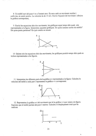 8. Iln móbil surt del punt 4 m a I'instant zero. Es mou amb un moviment rectilini i
unifo¡rne, en sentit positiu. Lavelocitat és de 15 m/s. Escriu l'equació dei moviment idibuixa
la grá-fica corresponent,
9. Escriu les equacions dels dos moviments, les grirfiques espai temps dels quals són
representades a la figura. Interpreteu aquestes gráñques. En quins instants surten els móbils?
De quins punts parteixen? En quin sentits es mouen
i0. Quines són les equacions dels dos moviments, 1es gráfiques posició-temps dels quals es
troben representades a les figures.
I
m
1 1. Interpreteu ies diferents parts de ia gráfica x-t representada a la figura. Calculeu la
velocitat del móbil a cada part i representeu la gráfica v-t corresponent.
12. Representeu la gráfica x-t
Suposeu que el móbil parteix dei
realitzat.
del moviment
punt 0 metres.
que té la gráfica v-t que veiem a la figura.
Calculeu el desplagament total que ha
Y
nys
2l
 