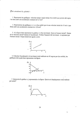 j5ez azzod.onir. la qüexió :
1. Representa les gráfiques velocitat-temps i espai-temps d'un móbil que parteix del repds
i es mou amb una acceieració constant de 0,5 m/sz
2. Representeu les gráfiques v-t i x-t d'un móbil que té una velocitat iniciai de 10 m/s i que
f¡ena amb una acceleració constant de -0,8 m/sz
3. A la figura hem representat 1a gráfica v-t d'un moviment. Quin és l'instant inicial?. euina
és la velocitat inicial? Quina és l'acceleració. Trobeu l'equació del moviment si suposem que
I'instant inicial i l'espai i¡icial són iguals azero.
Y
e/s
x
4. Calculeu l'accele¡ació i el moviment total realitzats en 40 segons per dos mdbils, les
gráfiques dels quals hem representat a la figura.
v
ñr/ 5
5 Interpreta la gráfica v-t representada a la figura. Quin és el desplagament total reaJitzat
pel móbii?
24
 