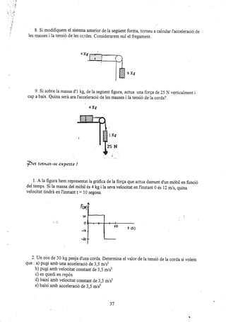 'lr'.,'lÉ
:' : |-+
-.. j
. ..{l
8. Si modifiquem el sistema anterior de la següent formq torneu a calcular I'acceieració de
les masses i la tensió de les ccrdes. considerarem nul el fregament.
4xg
6xg
9. Si sobre la massa d'1 kg, de la segúent ügurq actua una forga de 25 N verticaiment i
cap a baix. Quina será ara l'acceleració de les masses i la tensió de ia corda?.
4Kt
'pez
wznat-se exyerts !
1. A la figura hem repiesentat ia gráñca de la forga que acrua damunt dtm móbii en funció
del temps. Si la massa del móbil és 4 kg i la seva velocitat en f instant 0 és 12 m/s, quina
velocitat tindrá en I'instant t: 10 segons.
2.fJn cos de 30 kg penja d'uua corda. Determina ei vaior de la tensió de la corda si voiem
que : a) pugi amb una acceleració de 3,5 mlsz
b) pug amb veiocitat constant de 3,5 a/sz
c) es quedi en repós
d) baixi amb velocitat constaat de 3,5 nrls2
e) baixi amb acceleració de 3,5 m/s2
37
2sH
-.,,..:
i
 