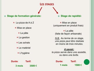 Les stagesStage de formation générale:Stage de rapidité:La pizza de A à ZMise en place(uniquement en produit frais)Mise en placeLa pâte(faite de façon artisanale)La pâteLa gestionN.B.  Au terme de ce stage, une pizza peut être réalisée en moins de trois minutes.Les achatsLe matérielA savoir:la pizza servie dans une assiette, ou dans une boîte.L’hygièneDurée:Tarif:Tarif:Durée:1500 €1 mois3 mois3500 €