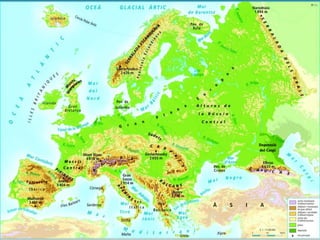 El continent europeu
El relleu d’Europa
Europa és un continent relativament petit.
Europa és una gran península del continent euroasiàtic,
envoltada de diversos oceans i mars.
Excepte la Gran Plana Europea, la resta del continent està
molt compartimentada, amb serralades joves, serralades
antigues i valls amples.
Al relleu d’Europa hi destaquen tres grans conjunts: la Gran
Plana Europea, altiplans i massissos muntanyosos antics i
cadenes de muntanyes joves.
 