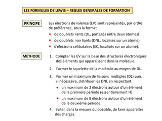 LES FORMULES DE LEWIS – REGLES GENERALES DE FORMATION
PRINCIPE Les électrons de valence (EV) sont représentés, par ordre
de préférence, sous la forme:
de doublets liants (DL, partagés entre deux atomes)
de doublets non liants (DNL, localisés sur un atome)
d’électrons célibataires (EC, localisés sur un atome).
METHODE 1. Compter les EV sur la base des structures électroniques
des éléments qui apparaissent dans la molécule.
2. Former le squelette de la molécule au moyen de DL.
3. Former un maximum de liaisons multiples (DL) puis,
si nécessaire, distribuer les DNL en respectant:
un maximum de 2 électrons autour d’un élément
de la première période (essentiellement H)
un maximum de 8 électrons autour d’un élément
de la deuxième période.
4. Eviter, dans la mesure du possible, de faire apparaître
des charges.
 