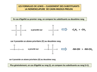 LES FORMULES DE LEWIS – CLASSEMENT DES SUBSTITUANTS
LA NOMENCLATURE DE CAHN-INGOLD-PRELOG
En cas d’égalité au premier rang, on compare les substituants au deuxième rang.
Plus généralement, en cas d’égalité au rang (i), on compare les substituants au rang (i+1).
-C2H5 > -CH3
-NH-OH > -NH-CH3
 